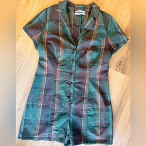 Plaid Button-down Shorts body suit/ romper - Green/Brown, L